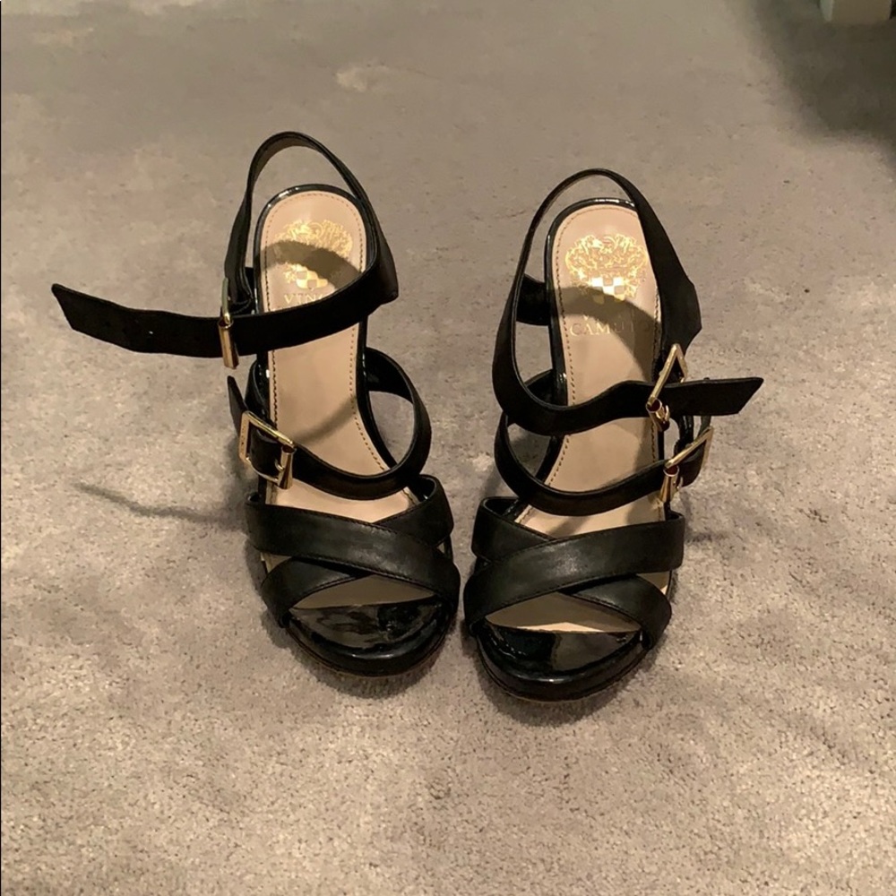 Black leather buckle strap heels